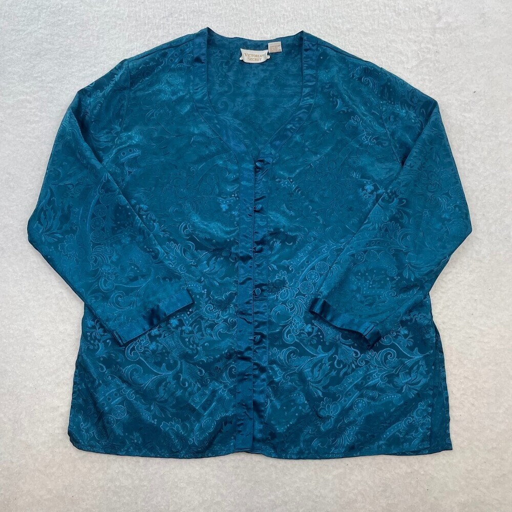 Victoria's Secret Women's Vintage Gold Label Satin Teal Jacquard Sleep Shirt S